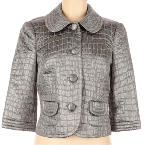 TRINA TURK Silver Metallic Animal Croc Embossed Jacket Size 0 - Picture 1 of 8